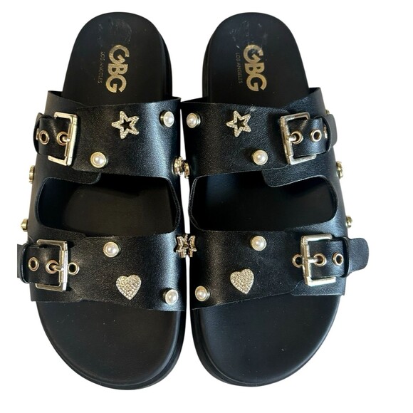 GBG GG Juliana T  Rhinestone Pearl Double Strap Black Platform Slide Sandals 8M - Picture 4 of 14
